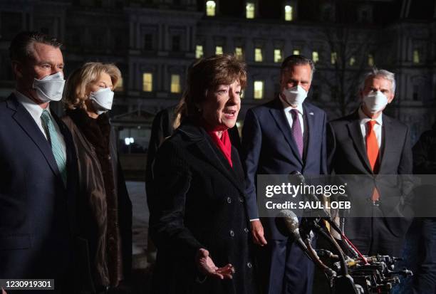 Senator Susan Collins , Republican of Maine, speaks alongside fellow Republican Senators, Todd Young , Lisa Murkowski , Mitt Romney and Rob Portman ,...