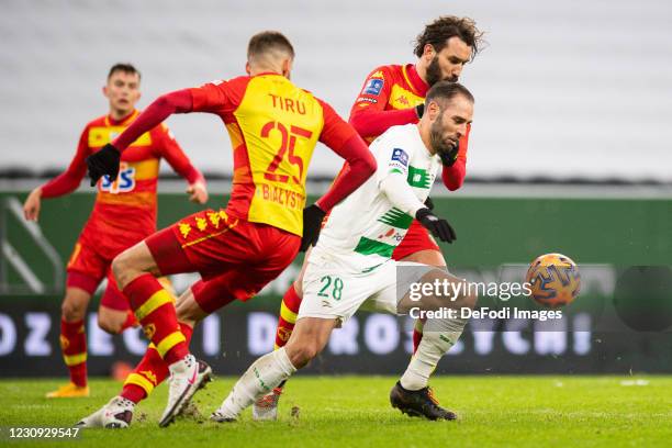 Flavio Paixao of Lechia Gdansk and Blazej Augustyn of Jagiellonia Bialystok battle for the ball during the Ekstraklasa between Lechia Gdansk and...
