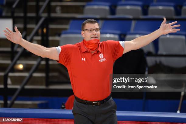 Bradley Braves head coach Brian Wardle reacts after a play during the Missouri Valley Conference college basketball game between the Bradley Braves...
