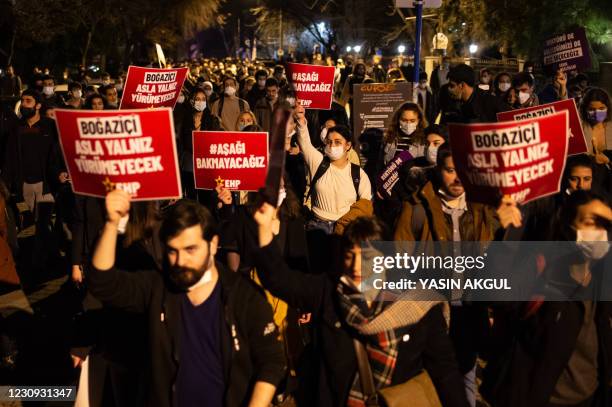 People demonstrate on February 2, 2021 during a protest against Turkish President's appointment of a party loyalist to head Istanbul's exclusive...