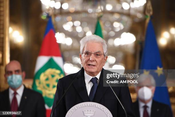 Italian President Sergio Mattarella speaks to the media after consultations with political parties on the formation of a new government at the...