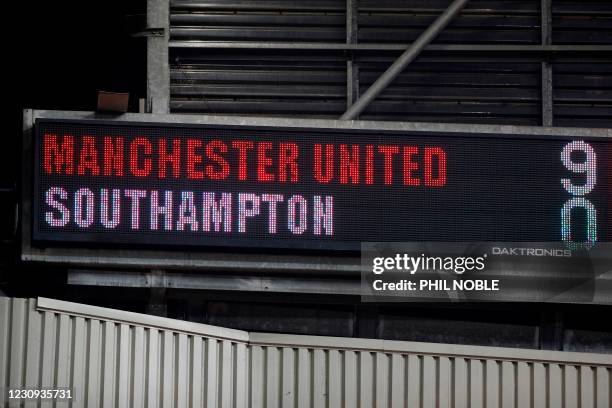 The scoreboard displays the final score after the English Premier League football match between Manchester United and Southampton at Old Trafford in...