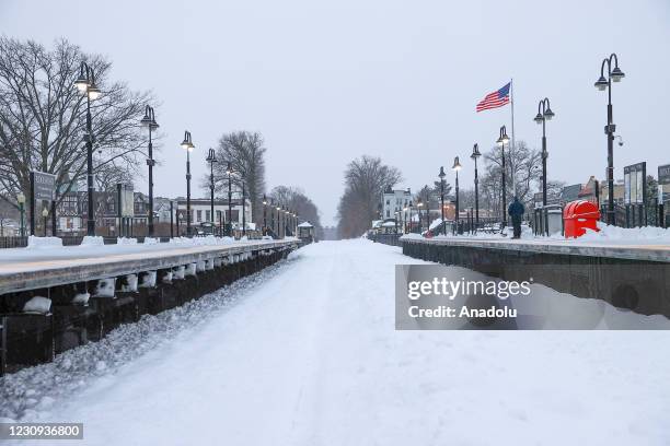 Snowfall view Ridgewood train station is seen in New Jersey, United States on February 2021.