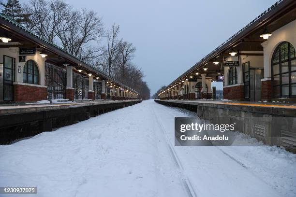 Snowfall view Ridgewood train station is seen in New Jersey, United States on February 2021.