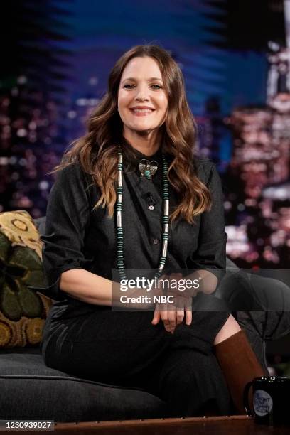 Episode 1400A -- Pictured: Talk show host Drew Barrymore during an interview on February 2, 2021 --