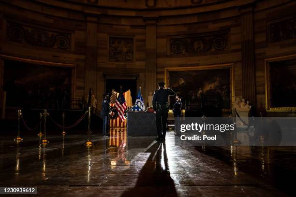 Capitol Police officers pay their respects as fellow officer Brian D. Sicknick lies in honor at the U.S. Capitol on February 2, 2021 in Washington,...