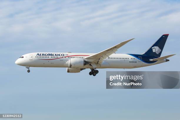 Aeromexico Boeing 787 Dreamliner passenger aircraft as seen flying on final approach for landing at New York JFK John F Kennedy International...