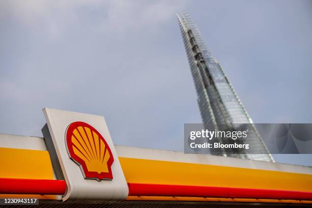 Royal Dutch Shell Plc petrol station in view of The Shard skyscraper in London, U.K., on Tuesday, Feb 2021. Royal Dutch Shell Plc, which reports...