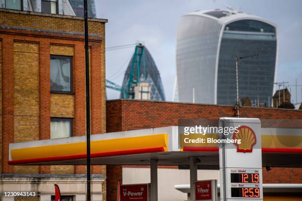 Royal Dutch Shell Plc petrol station in view of skyscrapers in the financial district of the City of London, U.K., on Tuesday, Feb 2021. Royal Dutch...
