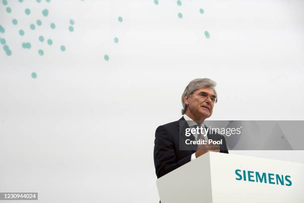 Of Siemens Joe Kaeser gives a speech during the Siemens Annual Shareholders Meeting on February 3, 2021 in Munich, Germany. CEO of Siemens Joe Kaeser...