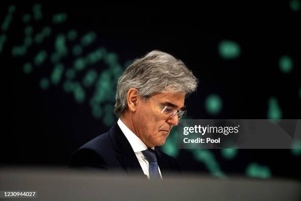 Of Siemens Joe Kaeser attends the Siemens Annual Shareholders Meeting on February 3, 2021 in Munich, Germany. CEO of Siemens Joe Kaeser is handing...