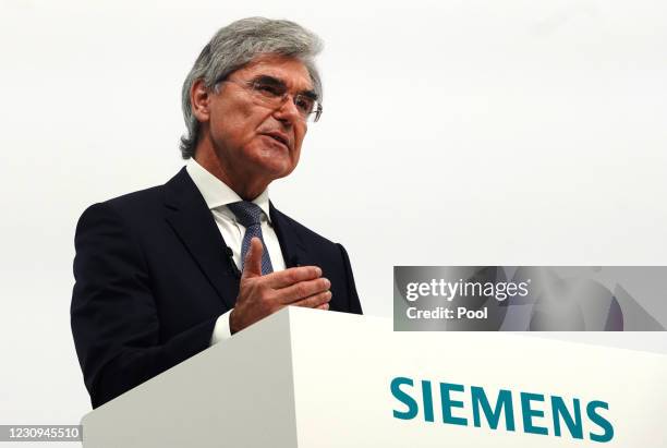 Of Siemens Joe Kaeser delivers a speech during the Siemens Annual Shareholders' Meeting on February 3, 2021 in Munich, Germany.