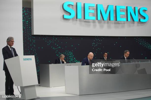 Of Siemens Joe Kaeser delivers a speech during the Siemens Annual Shareholders' Meeting on February 3, 2021 in Munich, Germany.