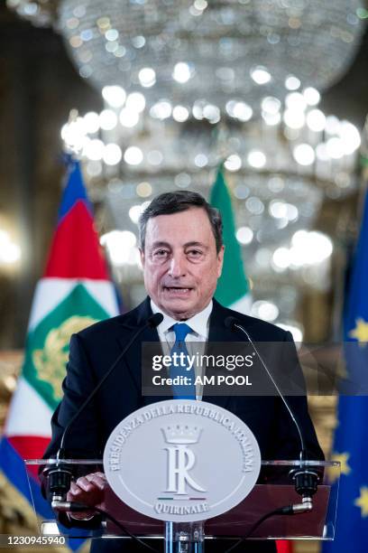 Designated Prime Minister Mario Draghi speaks to media after having accepted from Italian President Sergio Mattarella, the mandate to form a new...