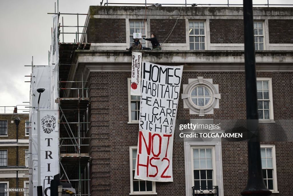 Hs2 Protest Graph Environmental activists with a banner protesting against the HS2 high ...