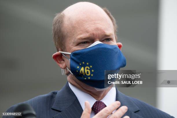 Senator Chris Coons, Democrat of Delaware, speaks to the media outside of the West Wing of the White House in Washington, DC, February 3, 2021.
