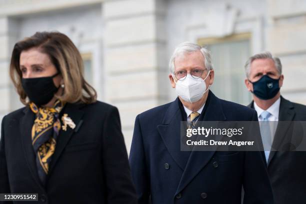 Speaker of the House Nancy Pelosi , Senate Minority Leader Mitch McConnell and House Minority Leader Kevin McCarthy arrive to watch the departure of...