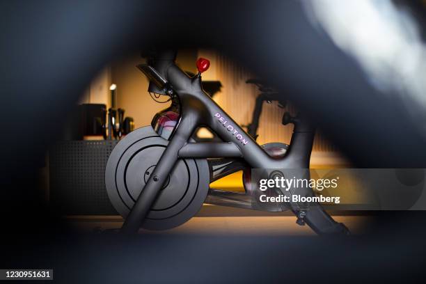 Peloton stationary bike for sale at the company's showroom in Dedham, Massachusetts, U.S., on Wednesday, Feb. 3, 2021. Peloton Interactive Inc. Is...