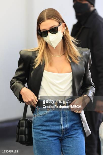 Hailey Bieber is seen on February 3, 2021 in Los Angeles, California.