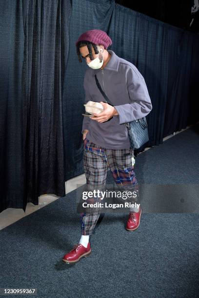 Angelo Russell of the Minnesota Timberwolves arrives to the game against the San Antonio Spurs on February 3, 2021 at the AT&T Center in San Antonio,...