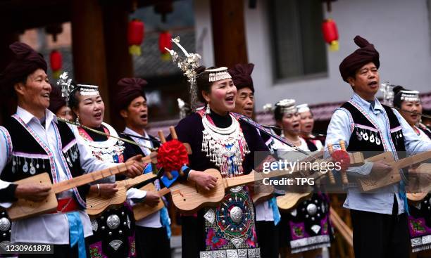 The Dong people are celebrating the begins of spring with traditional activities on 03th February, 2021 in Guilin,Guangxi,China