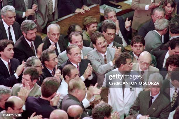 Members of the Brazilian Chamber of Deputies celebrate on September 29, 1992 in Brasilia the first vote for the impeachment of President Fernando...