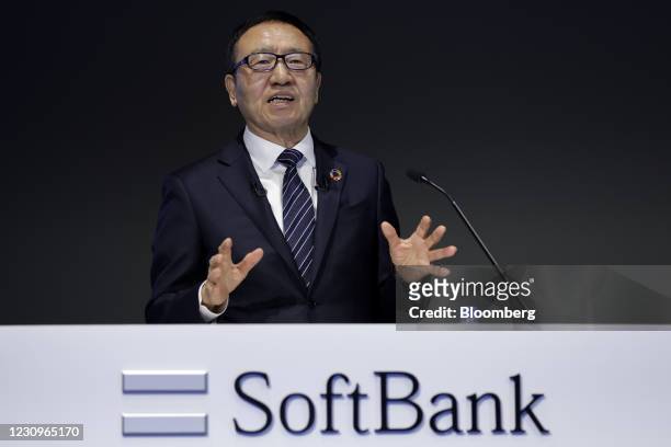 Ken Miyauchi, incoming chairman of SoftBank Corp., gestures while speaking during a news conference in Tokyo, Japan, on Thursday, Feb. 4, 2021....
