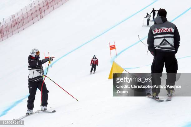 Adrien Theaux of France inspects the course during the Audi FIS Alpine Ski World Cup Men's Downhill Training on February 4, 2021 in Garmisch...