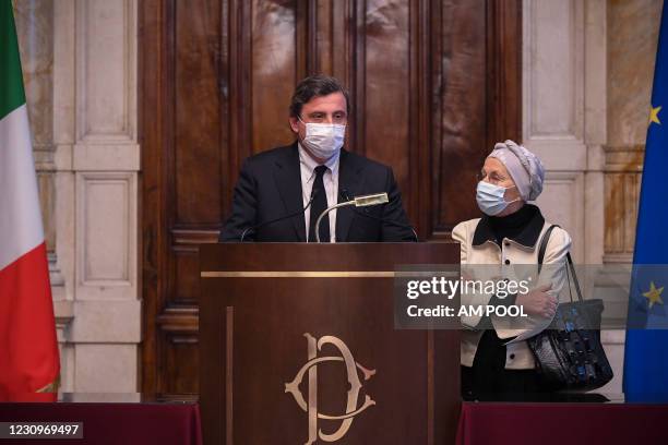 Emma Bonino and Carlo Calenda speak to media following a meeting with the designated Prime Minister Mario Draghi on formation of a new government at...