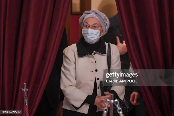 Emma Bonino of "+Europa" arrives to speak to media following a meeting with the designated Prime Minister Mario Draghi on formation of a new...