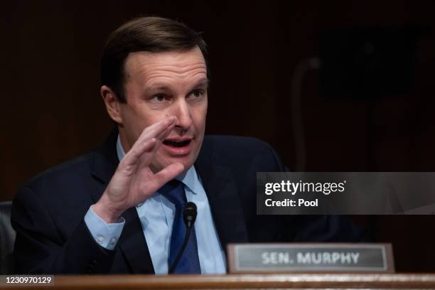 Senator Chris Murphy, D-CT, speaks speaks during the confirmation hearing for Labor secretary nominee Marty Walsh testifies before the Senate Health,...