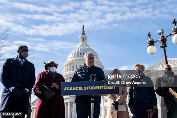 Senate Majority Leader Chuck Schumer speaks during a press conference about student debt outside the U.S. Capitol on February 4, 2021 in Washington,...