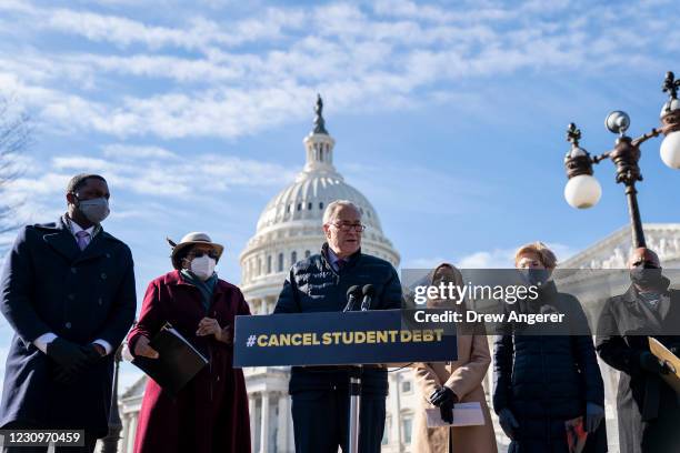 Senate Majority Leader Chuck Schumer speaks during a press conference about student debt outside the U.S. Capitol on February 4, 2021 in Washington,...