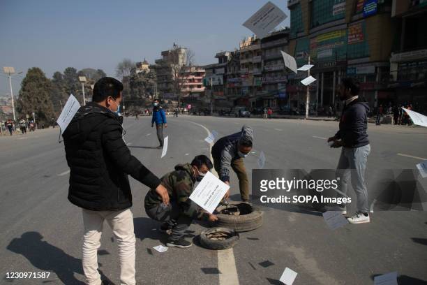 Protesters preparing to burn tires during the demonstration. A general strike called by Nepal Communist Party Executive Chairman Pushpa Kamal Dahal...