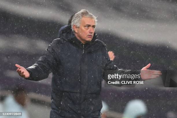 Tottenham Hotspur's Portuguese head coach Jose Mourinho gestures during the English Premier League football match between Tottenham Hotspur and...