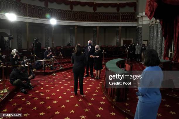 Sen. Patrick Leahy participates in a ceremonial swearing in photo op with his wife Marcelle Pomerleau and Vice President Kamala Harris in the Old...