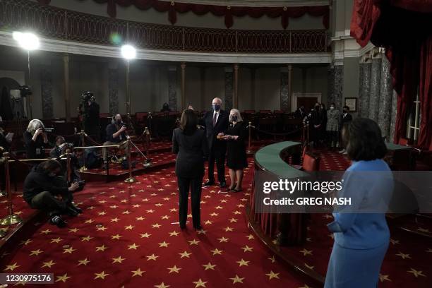 Democratic Senator from Vermont Patrick Leahy participates in a ceremonial swearing in photo op with his wife Marcelle Pomerleau and Vice President...