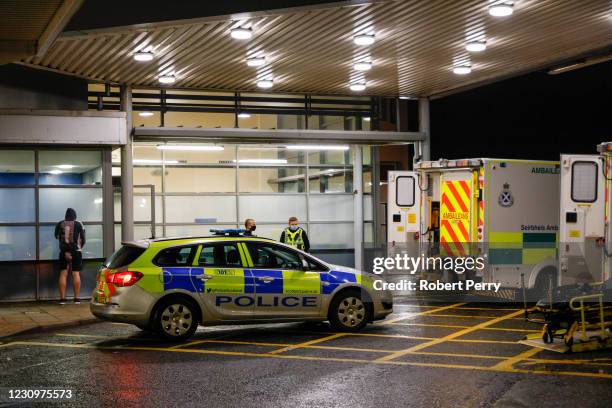 General view of Crosshouse Hospital with police at A&E Department on February 4, 2021 in Kilmarnock, Scotland. Crosshouse Hospital near Kilmarnock is...