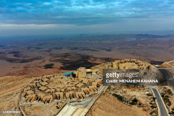 Picture taken on February 4, 2021 shows the closed Beresheet hotel in Mitzpe Ramon city overlooking the Makhtesh Ramon crater in the southern Israeli...