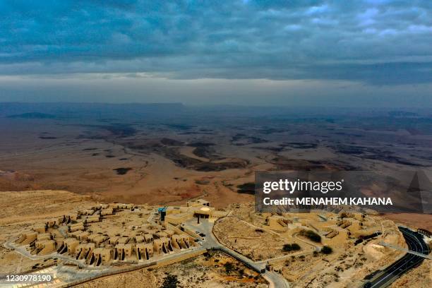 Picture taken on February 4, 2021 shows the closed Beresheet hotel in Mitzpe Ramon city overlooking the Makhtesh Ramon crater in the southern Israeli...