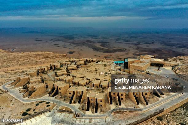 Picture taken on February 4, 2021 shows the closed Beresheet hotel in Mitzpe Ramon city overlooking the Makhtesh Ramon crater in the southern Israeli...