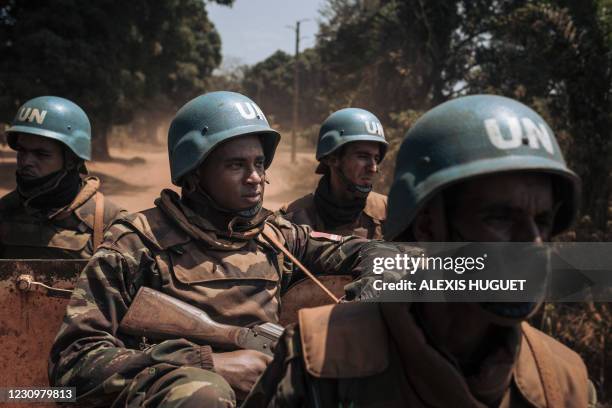 Moroccan peacekeepers from the United Nations Multidimensional Integrated Stabilization Mission in the Central African Republic patrol in Bangassou...