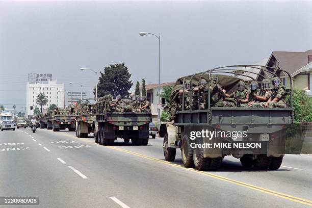 National Guard troops in operation on May 01, 1992 in Los Angeles. The troops were brought in to quell rioting following the Rodney King verdict. 52...