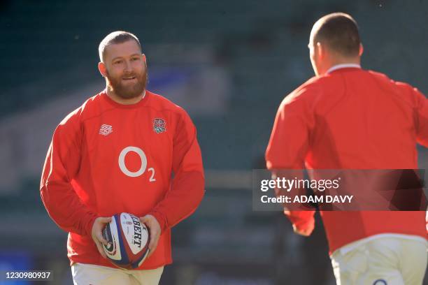 England's Tom West takes part in an England team training session at Twickenham Stadium in south west London on February 5 ahead of the Six Nations...