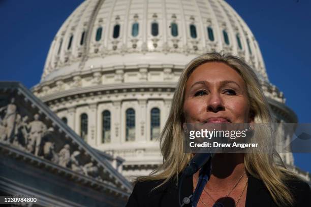 Rep. Marjorie Taylor Greene speaks during a press conference outside the U.S. Capitol on February 5, 2021 in Washington, DC. The House voted 230 to...