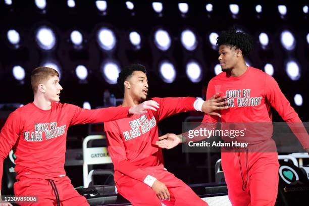 Cam Reddish of the Atlanta Hawks is introduced before the game against the Utah Jazz on February 4, 2021 at State Farm Arena in Atlanta, Georgia....