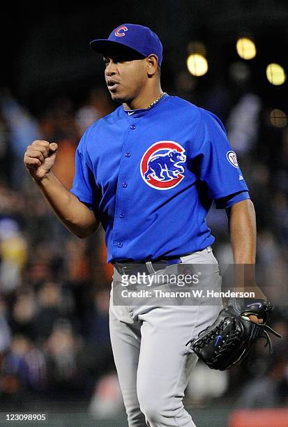 Carlos Marmol of the Chicago Cubs gives a fist pump after they defeated the San Francisco Giants 5 to 2 during an MLB baseball game at AT&T Park on...