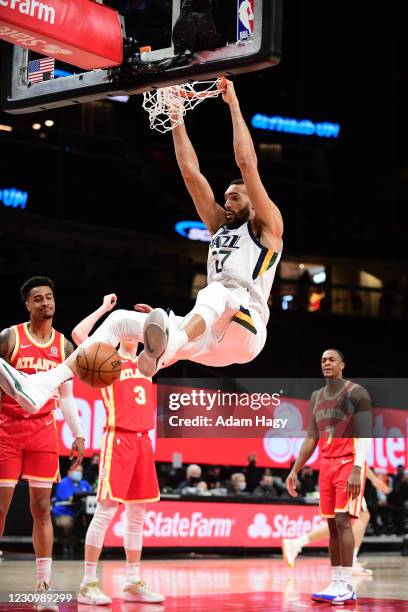 Rudy Gobert of the Utah Jazz dunk the ball against the Atlanta Hawks on February 4, 2021 at State Farm Arena in Atlanta, Georgia. NOTE TO USER: User...