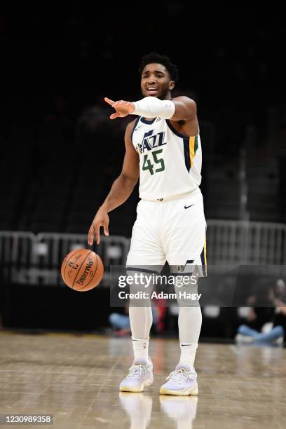 Donovan Mitchell of the Utah Jazz calls out a play against the Atlanta Hawks on February 4, 2021 at State Farm Arena in Atlanta, Georgia. NOTE TO...