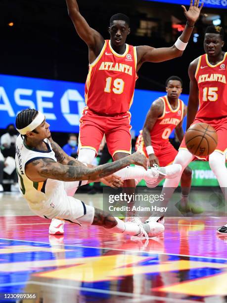 Jordan Clarkson of the Utah Jazz passes the ball against the Atlanta Hawks on February 4, 2021 at State Farm Arena in Atlanta, Georgia. NOTE TO USER:...